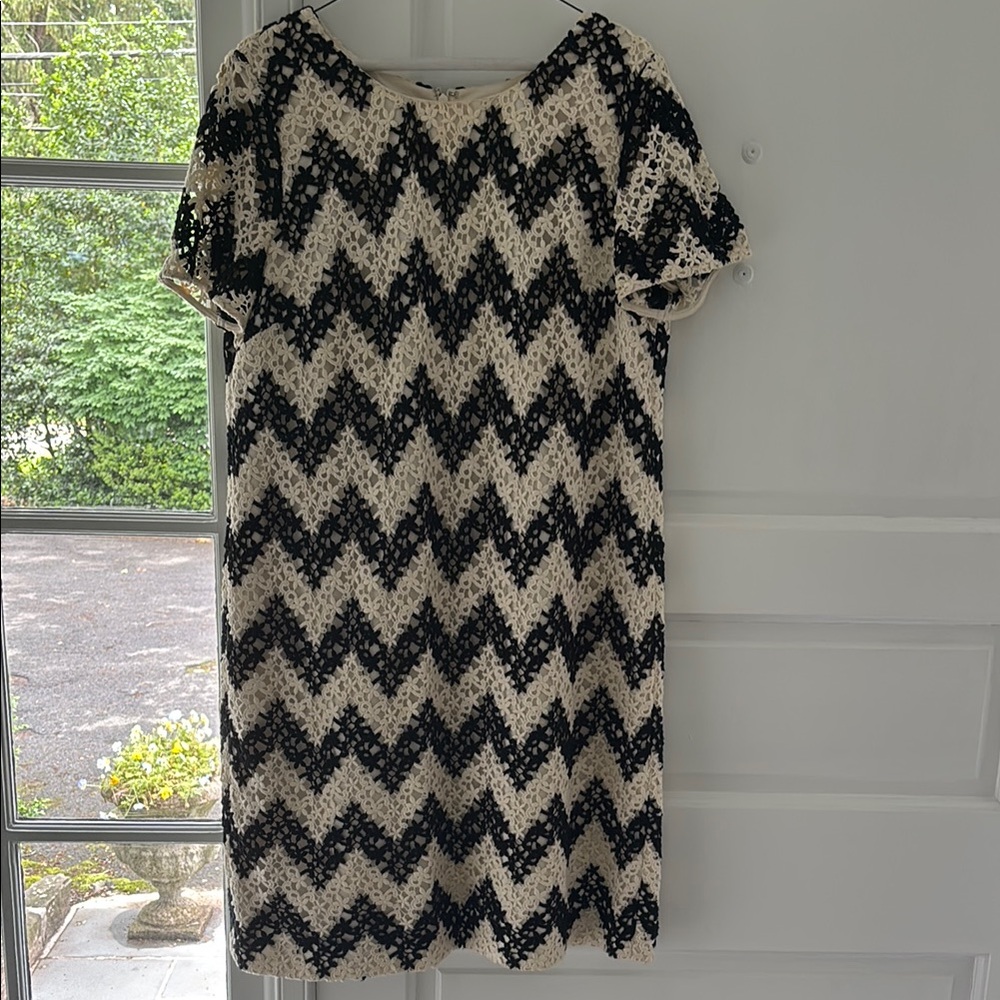 Elegant Black and Cream Chevron Dress with Matching Coat